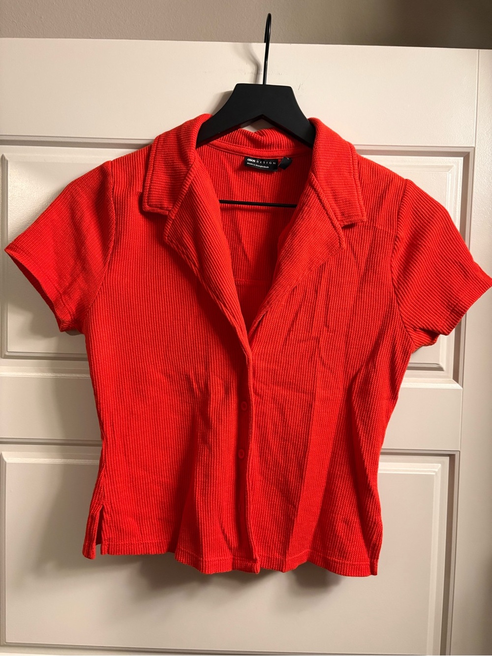 ASOS Red Short-Sleeve Ribbed Button-Down Shirt